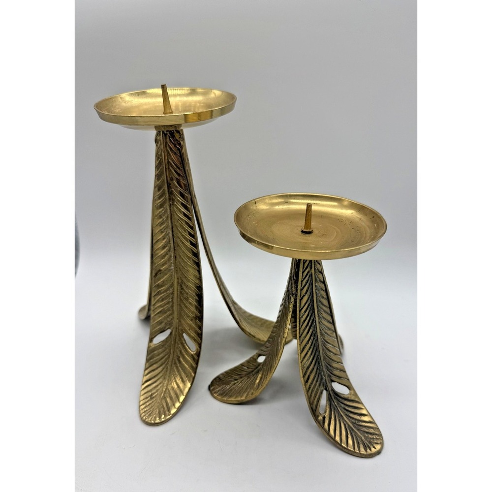 Vintage NN Brass Feather Candle Holders Pair Gold Tone Pedestal Table Decor